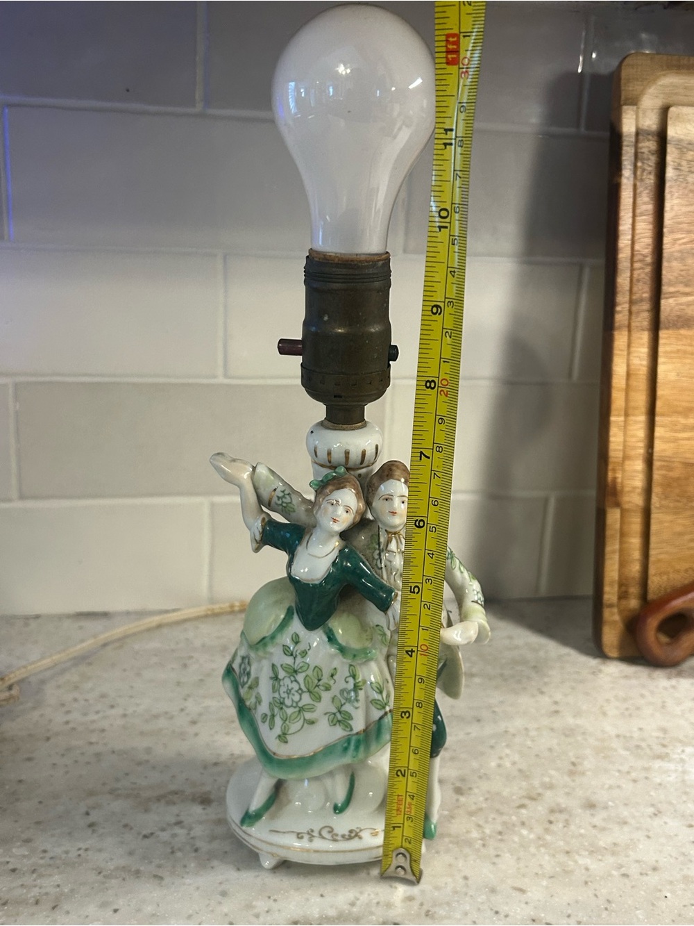Porcelain Dancing Couple Figurine Lamp - Green and White Home Art - Picture 8 of 10